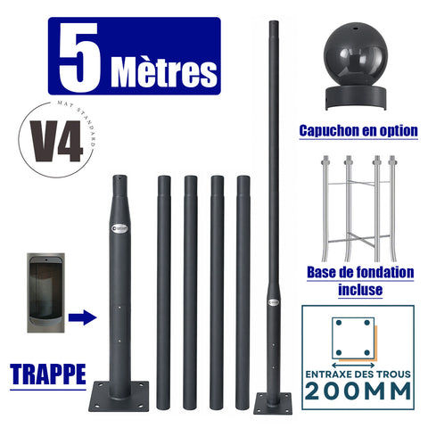 Mât / Poteau pour lampe de rue - Nouveau design - Série STANDARD V4 EVO avec TRAPPE - Vis antivol - 5 mètres - Entraxe latéral des trous 200mm -  Couleur GRIS SOMBRE - Finition épurée - Base de fondation incluse / capuchon en option