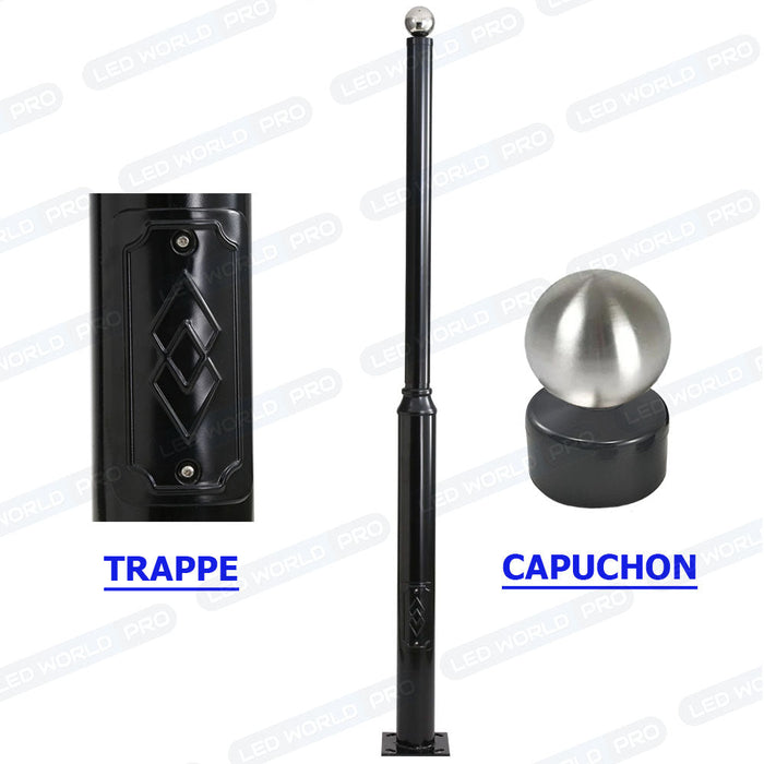 Mât / Poteau pour lampe de rue - Série STANDARD V2 avec TRAPPE - Vis antivol - 6 mètres - Entraxe latéral des trous 160mm - Couleur Noir - Base de fondation incluse - Tête de mât et capuchon en option