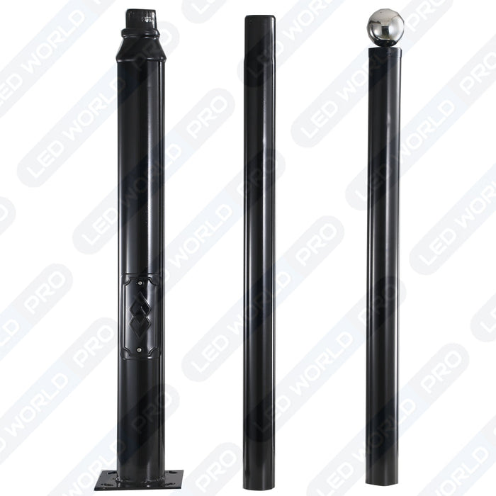 Pack lampadaire filaire complet quadruple tête 6 mètres : 4x Lampes filaires Série FLEX V2 - 100 Watts - 6000k + Mât STANDARD 6 mètres avec trappe au choix (STANDARD V2 EVO ou STANDARD V4 EVO) + Quadruple tête de mât perpendiculaire