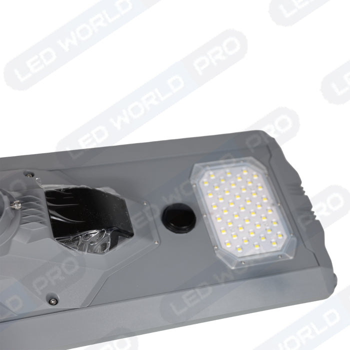 Lampe de rue solaire - Série STARSHIP ULTRA 4500 - Rendu lumineux 1600 Watts - 4500 Lumens - Couleur 3000k - Angle 150x70° - IP65 - Structure aluminium - Dimensions 93 x 36 x 16 cm - Tube d'insertion 76mm - Contrôle intelligent - Capteur PIR