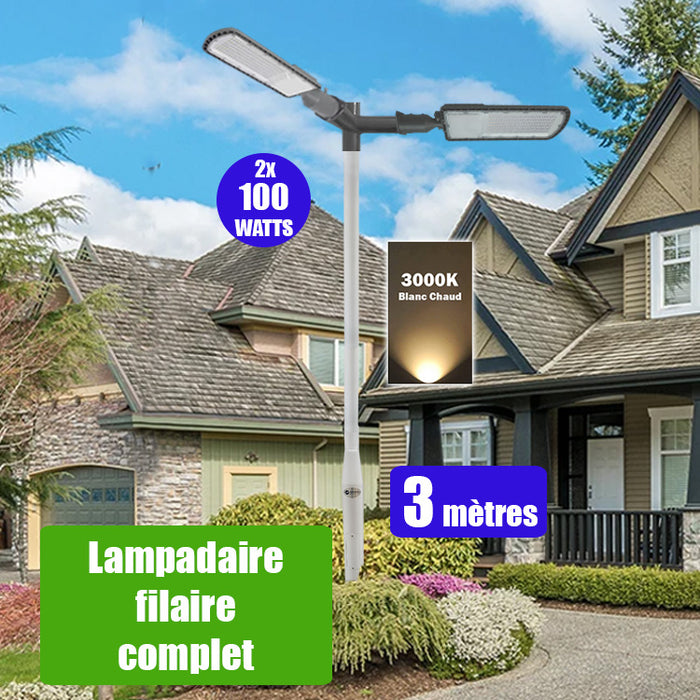 Pack lampadaire filaire complet double tête 3 mètres : 2x Lampes de rue filaire - Série FLEX ECO - 100 Watts - 3000k + Mât STANDARD - 3 mètres avec trappe au choix (STANDARD V2 EVO ou STANDARD V4 EVO) + Double tête de mât + 2x Adaptateurs 60/50 ajustable