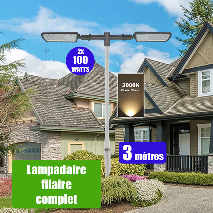 Pack lampadaire filaire complet double tête 3 mètres : 2x Lampes de rue filaire - Série FLEX ECO - 100 Watts - 3000k + Mât STANDARD - 3 mètres avec trappe au choix (STANDARD V2 EVO ou STANDARD V4 EVO) + Double tête de mât + 2x Adaptateurs 60/50 ajustable