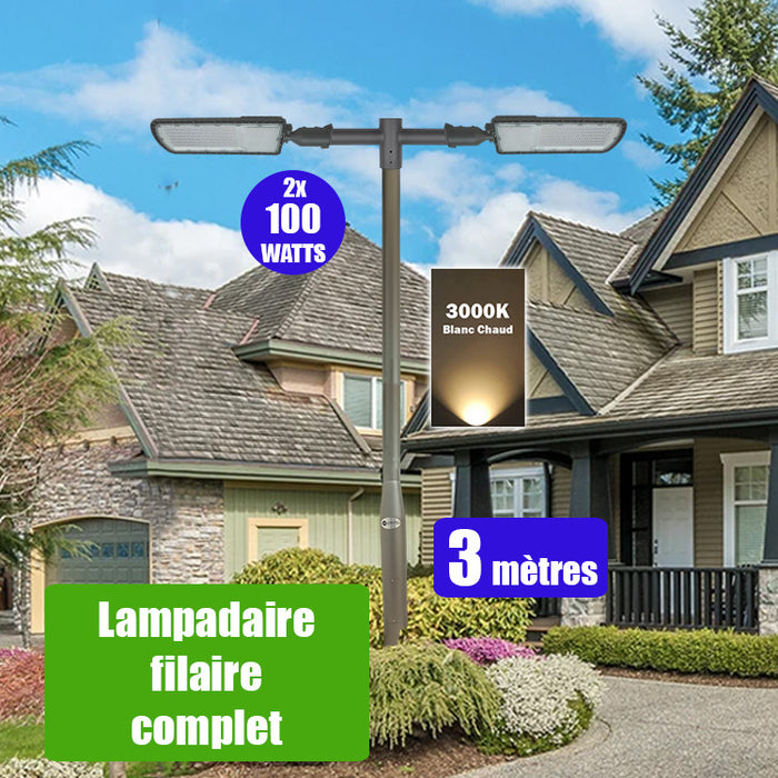 Pack lampadaire filaire complet double tête 3 mètres : 2x Lampes de rue filaire - Série FLEX ECO - 100 Watts - 3000k + Mât STANDARD - 3 mètres avec trappe au choix (STANDARD V2 EVO ou STANDARD V4 EVO) + Double tête de mât + 2x Adaptateurs 60/50 ajustable