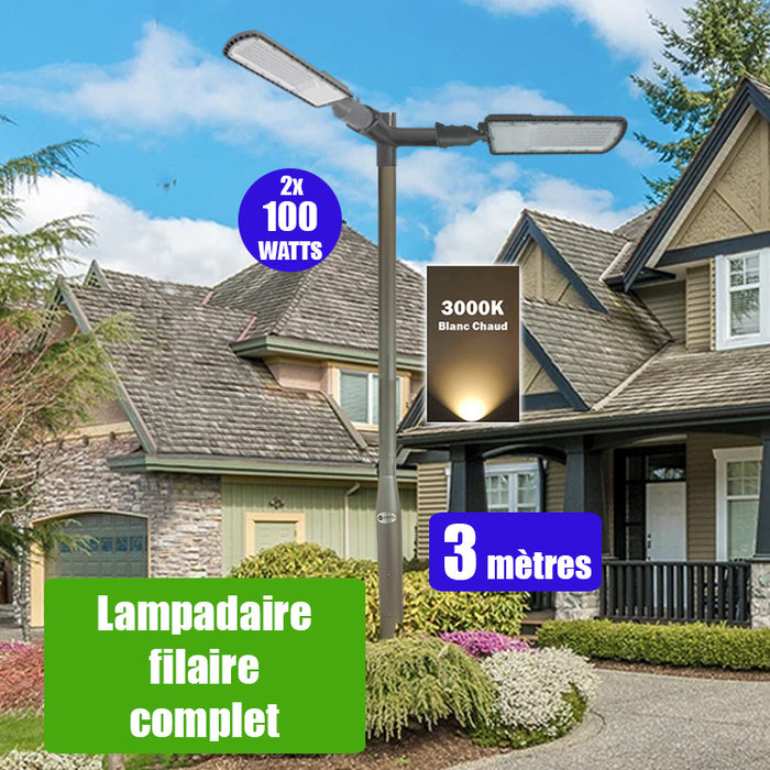 Pack lampadaire filaire complet double tête 3 mètres : 2x Lampes de rue filaire - Série FLEX ECO - 100 Watts - 3000k + Mât STANDARD - 3 mètres avec trappe au choix (STANDARD V2 EVO ou STANDARD V4 EVO) + Double tête de mât + 2x Adaptateurs 60/50 ajustable