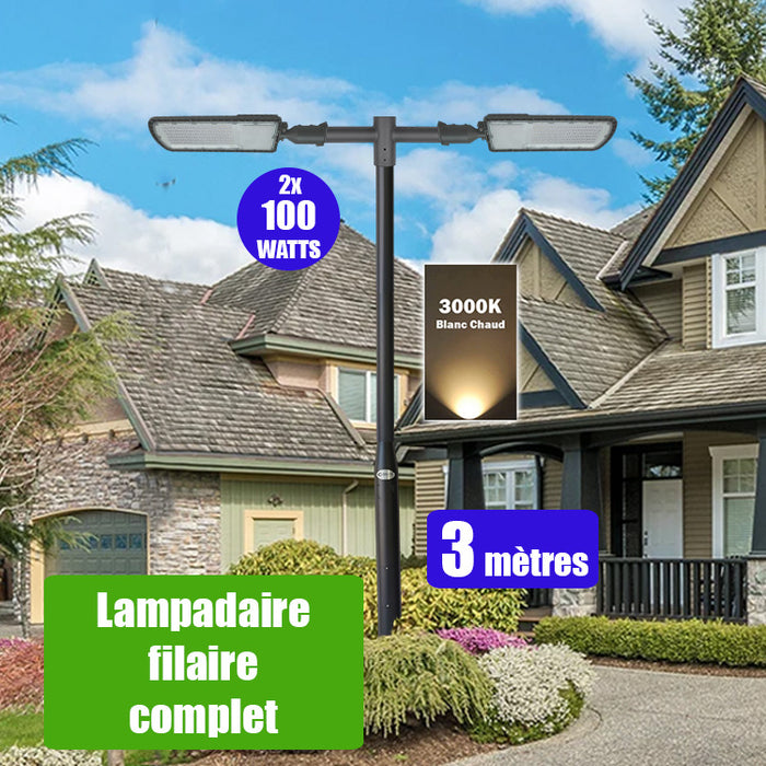 Pack lampadaire filaire complet double tête 3 mètres : 2x Lampes de rue filaire - Série FLEX ECO - 100 Watts - 3000k + Mât STANDARD - 3 mètres avec trappe au choix (STANDARD V2 EVO ou STANDARD V4 EVO) + Double tête de mât + 2x Adaptateurs 60/50 ajustable