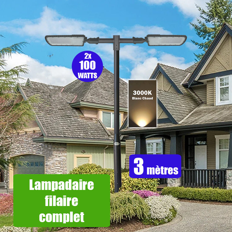 Pack lampadaire filaire complet double tête 3 mètres : 2x Lampes de rue filaire - Série FLEX ECO - 100 Watts - 3000k + Mât STANDARD - 3 mètres avec trappe au choix (STANDARD V2 EVO ou STANDARD V4 EVO) + Double tête de mât + 2x Adaptateurs 60/50 ajustable