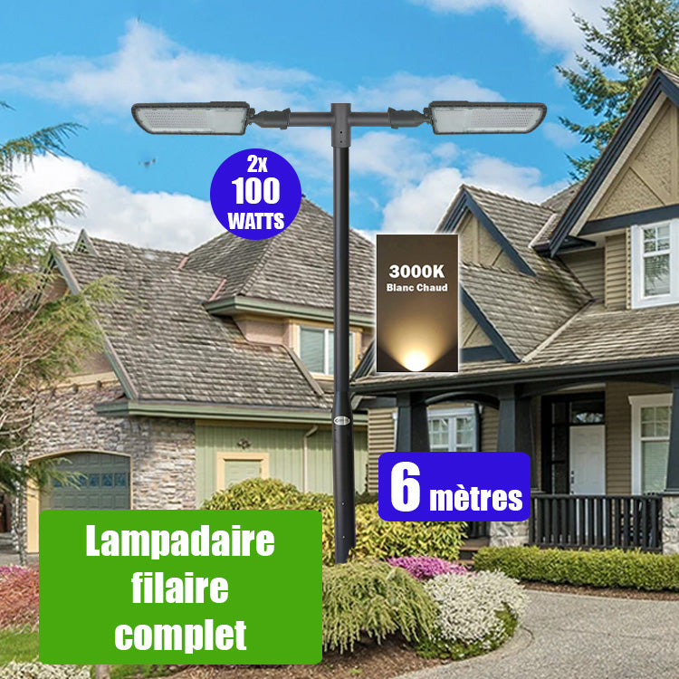 Pack lampadaire filaire complet double tête 6 mètres : 2x Lampes de rue filaire - Série FLEX ECO - 100 Watts - 3000k + Mât STANDARD - 6 mètres avec trappe au choix (STANDARD V2 EVO ou STANDARD V4 EVO) + Double tête de mât + 2x Adaptateurs 60/50 ajustable