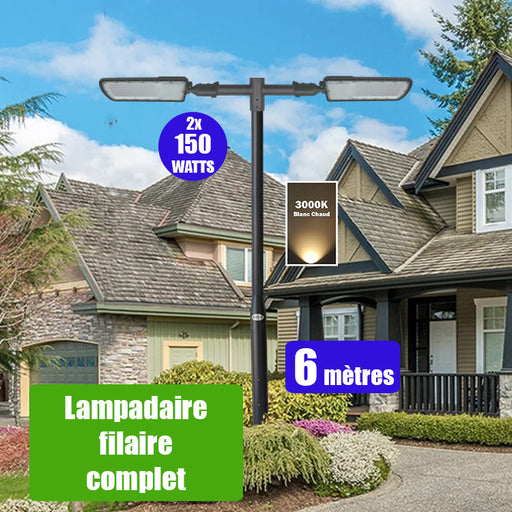 Pack lampadaire filaire complet double tête 6 mètres : 2x Lampes de rue filaire - Série FLEX ECO - 150 Watts - 3000k + Mât STANDARD - 6 mètres avec trappe au choix (STANDARD V2 EVO ou STANDARD V4 EVO) + Double tête de mât en ligne ou perpendiculaire