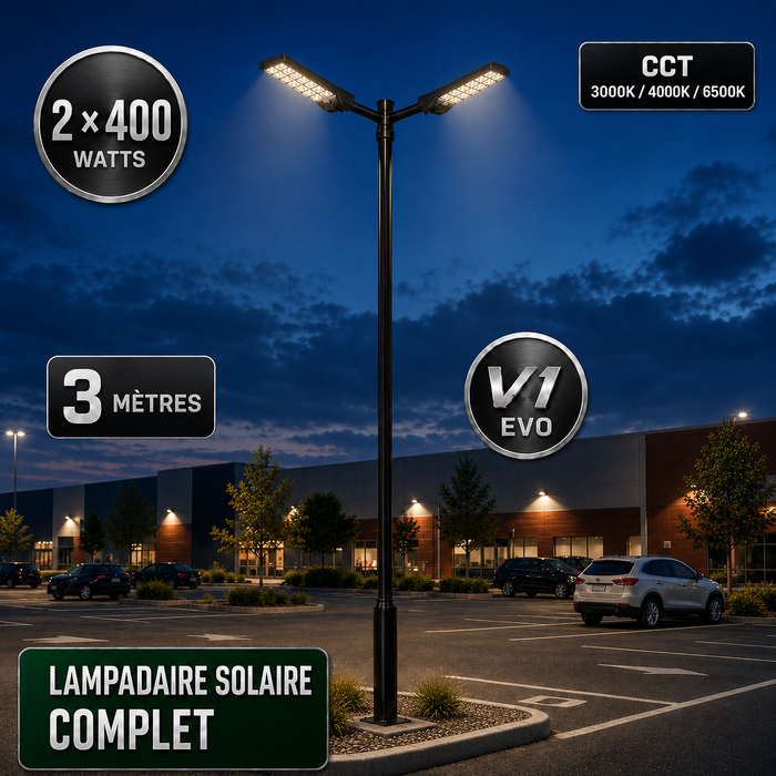 Pack lampadaire solaire complet double tête 3/4/5/6 mètres au choix : 2x Lampadaires solaires - Série POWER ULTRA V2 CCT + Mât STANDARD V1 EVO + Adaptateur double tête de mât + 2x Adaptateurs ajustables 80/50mm