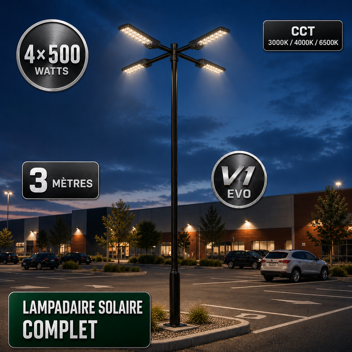 Pack lampadaire solaire complet quadruple tête 3/4/5/6 mètres au choix : 4x Lampadaires solaires - Série POWER ULTRA V2 CCT + Mât STANDARD V1 EVO + Adaptateur quadruple tête de mât + 4x Adaptateurs ajustables 80/50mm
