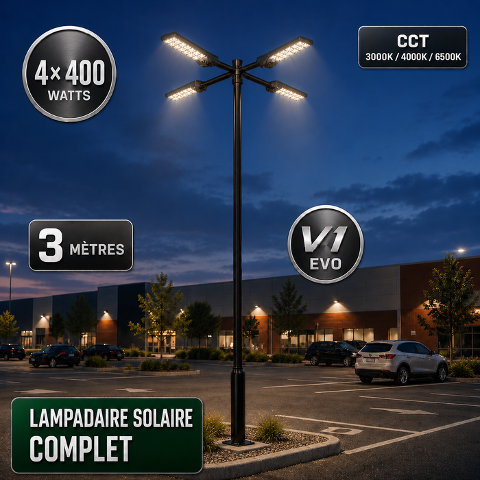 Pack lampadaire solaire complet quadruple tête 3/4/5/6 mètres au choix : 4x Lampadaires solaires - Série POWER ULTRA V2 CCT + Mât STANDARD V1 EVO + Adaptateur quadruple tête de mât + 4x Adaptateurs ajustables 80/50mm