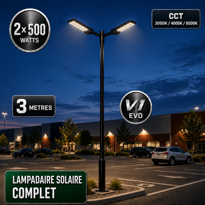 Pack lampadaire solaire complet double tête 3/4/5/6 mètres au choix : 2x Lampadaires solaires - Série POWER ULTRA V2 CCT + Mât STANDARD V1 EVO + Adaptateur double tête de mât + 2x Adaptateurs ajustables 80/50mm