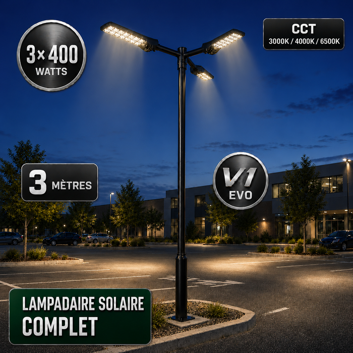 Pack lampadaire solaire complet triple tête 3/4/5/6 mètres au choix : 3x Lampadaires solaires - Série POWER ULTRA V2 CCT + Mât STANDARD V1 EVO + Adaptateur triple tête de mât + 3x Adaptateurs ajustables 80/50mm