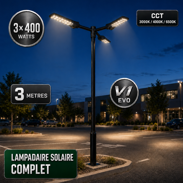 Pack lampadaire solaire complet triple tête 3/4/5/6 mètres au choix : 3x Lampadaires solaires - Série POWER ULTRA V2 CCT + Mât STANDARD V1 EVO + Adaptateur triple tête de mât + 3x Adaptateurs ajustables 80/50mm