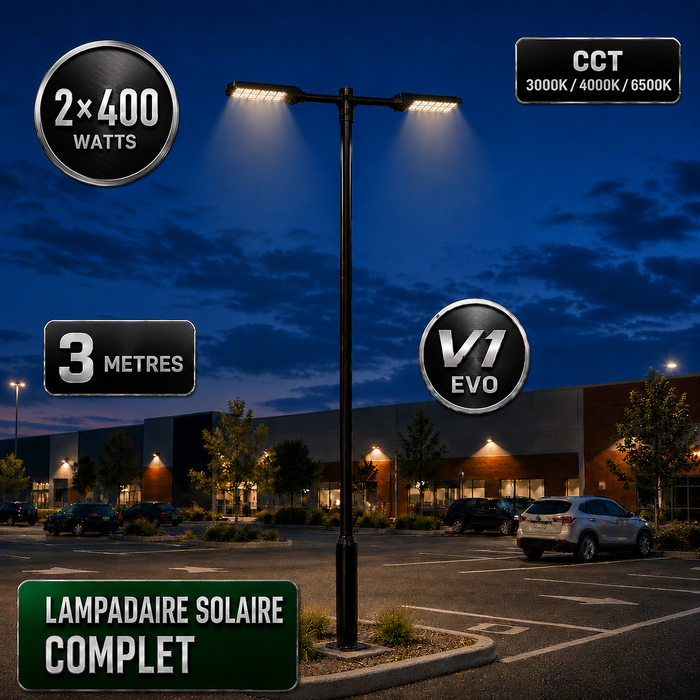 Pack lampadaire solaire complet double tête 3/4/5/6 mètres au choix : 2x Lampadaires solaires - Série POWER ULTRA V2 CCT + Mât STANDARD V1 EVO + Adaptateur double tête de mât + 2x Adaptateurs ajustables 80/50mm