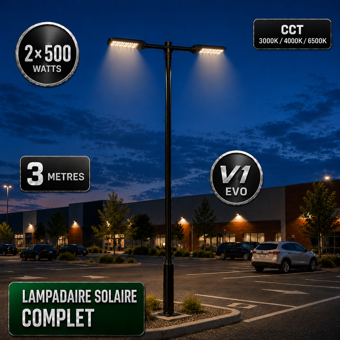 Pack lampadaire solaire complet double tête 3/4/5/6 mètres au choix : 2x Lampadaires solaires - Série POWER ULTRA V2 CCT + Mât STANDARD V1 EVO + Adaptateur double tête de mât + 2x Adaptateurs ajustables 80/50mm