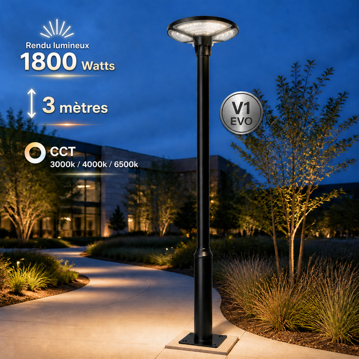 Pack lampadaire solaire complet 3/4/5/6 mètres au choix : Lampe solaire Série OVNI FUTUR V3 + Mât V1 EVO NOIR- Entraxe des trous 200mm