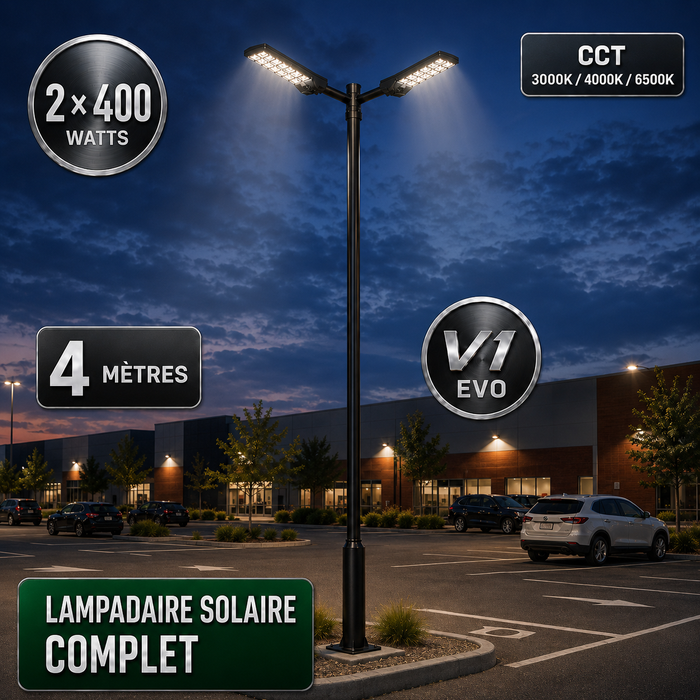 Pack lampadaire solaire complet double tête 3/4/5/6 mètres au choix : 2x Lampadaires solaires - Série POWER ULTRA V2 CCT + Mât STANDARD V1 EVO + Adaptateur double tête de mât + 2x Adaptateurs ajustables 80/50mm
