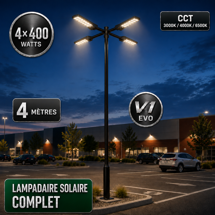 Pack lampadaire solaire complet quadruple tête 3/4/5/6 mètres au choix : 4x Lampadaires solaires - Série POWER ULTRA V2 CCT + Mât STANDARD V1 EVO + Adaptateur quadruple tête de mât + 4x Adaptateurs ajustables 80/50mm