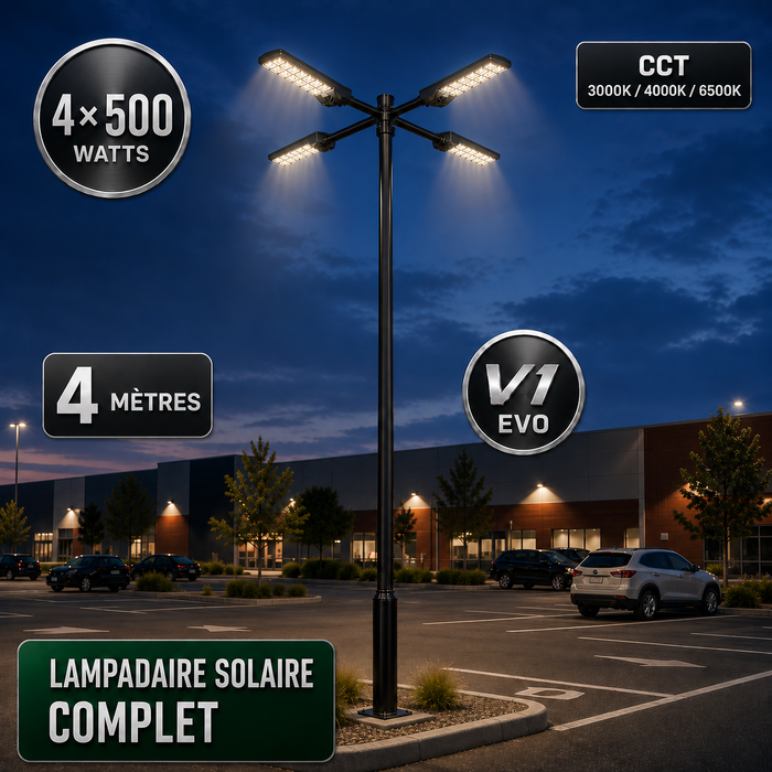 Pack lampadaire solaire complet quadruple tête 3/4/5/6 mètres au choix : 4x Lampadaires solaires - Série POWER ULTRA V2 CCT + Mât STANDARD V1 EVO + Adaptateur quadruple tête de mât + 4x Adaptateurs ajustables 80/50mm