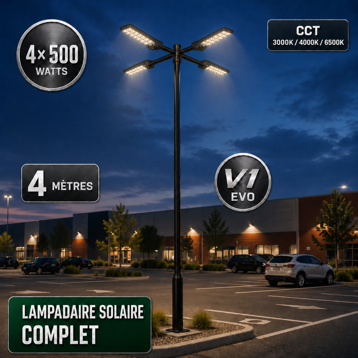 Pack lampadaire solaire complet quadruple tête 3/4/5/6 mètres au choix : 4x Lampadaires solaires - Série POWER ULTRA V2 CCT + Mât STANDARD V1 EVO + Adaptateur quadruple tête de mât + 4x Adaptateurs ajustables 80/50mm
