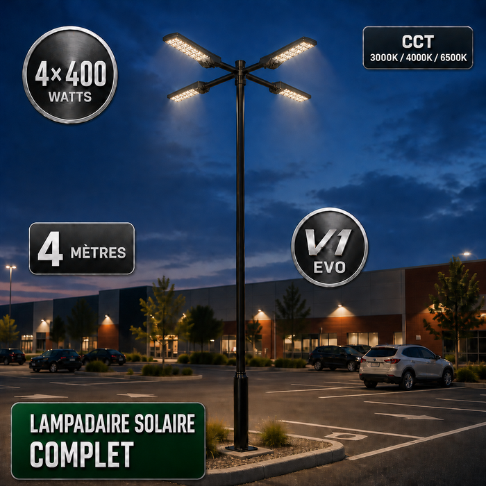 Pack lampadaire solaire complet quadruple tête 3/4/5/6 mètres au choix : 4x Lampadaires solaires - Série POWER ULTRA V2 CCT + Mât STANDARD V1 EVO + Adaptateur quadruple tête de mât + 4x Adaptateurs ajustables 80/50mm
