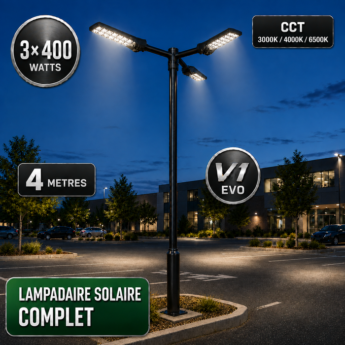 Pack lampadaire solaire complet triple tête 3/4/5/6 mètres au choix : 3x Lampadaires solaires - Série POWER ULTRA V2 CCT + Mât STANDARD V1 EVO + Adaptateur triple tête de mât + 3x Adaptateurs ajustables 80/50mm