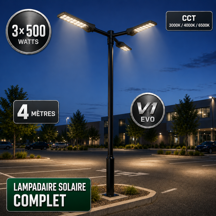 Pack lampadaire solaire complet triple tête 3/4/5/6 mètres au choix : 3x Lampadaires solaires - Série POWER ULTRA V2 CCT + Mât STANDARD V1 EVO + Adaptateur triple tête de mât + 3x Adaptateurs ajustables 80/50mm