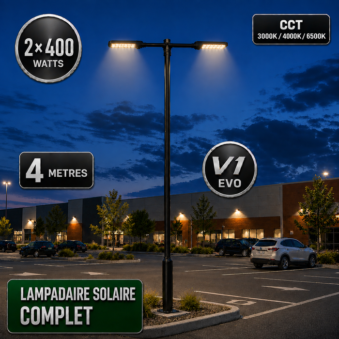 Pack lampadaire solaire complet double tête 3/4/5/6 mètres au choix : 2x Lampadaires solaires - Série POWER ULTRA V2 CCT + Mât STANDARD V1 EVO + Adaptateur double tête de mât + 2x Adaptateurs ajustables 80/50mm