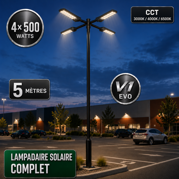Pack lampadaire solaire complet quadruple tête 3/4/5/6 mètres au choix : 4x Lampadaires solaires - Série POWER ULTRA V2 CCT + Mât STANDARD V1 EVO + Adaptateur quadruple tête de mât + 4x Adaptateurs ajustables 80/50mm