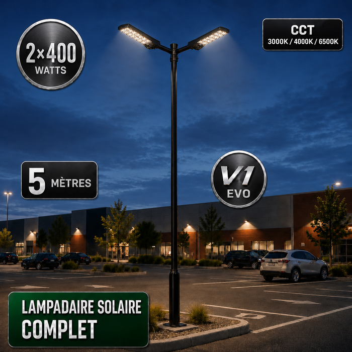 Pack lampadaire solaire complet double tête 3/4/5/6 mètres au choix : 2x Lampadaires solaires - Série POWER ULTRA V2 CCT + Mât STANDARD V1 EVO + Adaptateur double tête de mât + 2x Adaptateurs ajustables 80/50mm