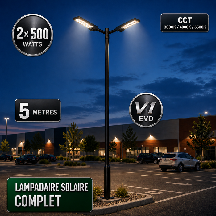 Pack lampadaire solaire complet double tête 3/4/5/6 mètres au choix : 2x Lampadaires solaires - Série POWER ULTRA V2 CCT + Mât STANDARD V1 EVO + Adaptateur double tête de mât + 2x Adaptateurs ajustables 80/50mm