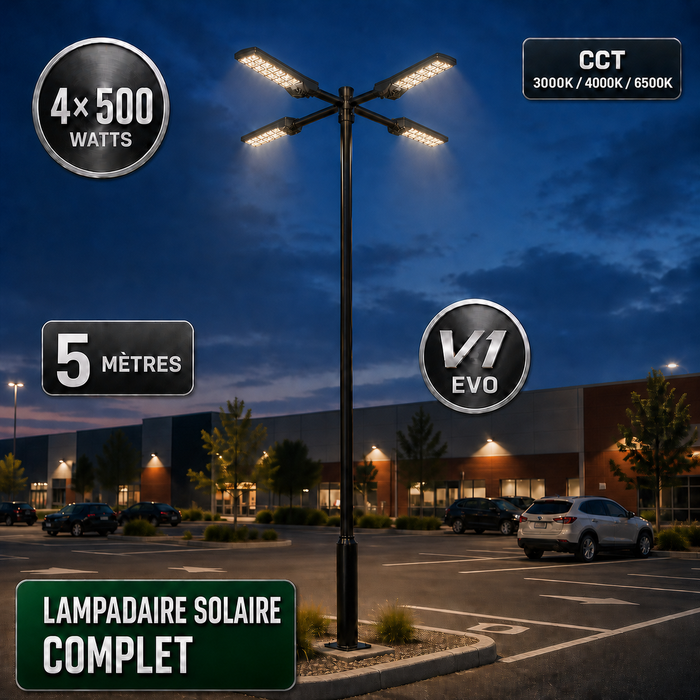Pack lampadaire solaire complet quadruple tête 3/4/5/6 mètres au choix : 4x Lampadaires solaires - Série POWER ULTRA V2 CCT + Mât STANDARD V1 EVO + Adaptateur quadruple tête de mât + 4x Adaptateurs ajustables 80/50mm