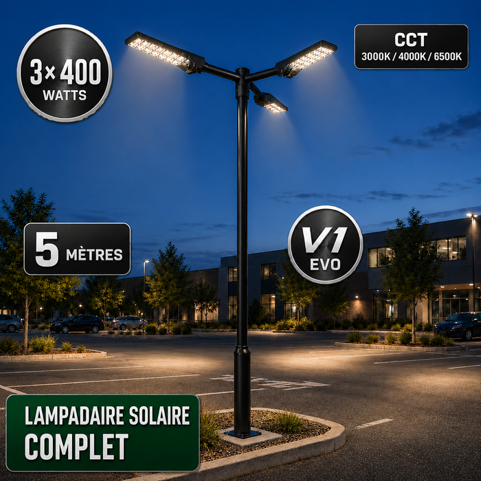 Pack lampadaire solaire complet triple tête 3/4/5/6 mètres au choix : 3x Lampadaires solaires - Série POWER ULTRA V2 CCT + Mât STANDARD V1 EVO + Adaptateur triple tête de mât + 3x Adaptateurs ajustables 80/50mm