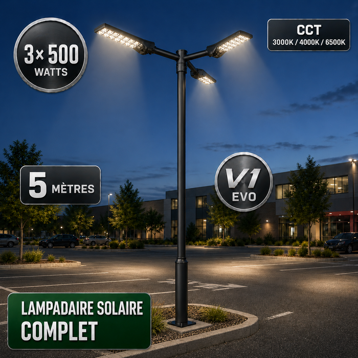 Pack lampadaire solaire complet triple tête 3/4/5/6 mètres au choix : 3x Lampadaires solaires - Série POWER ULTRA V2 CCT + Mât STANDARD V1 EVO + Adaptateur triple tête de mât + 3x Adaptateurs ajustables 80/50mm