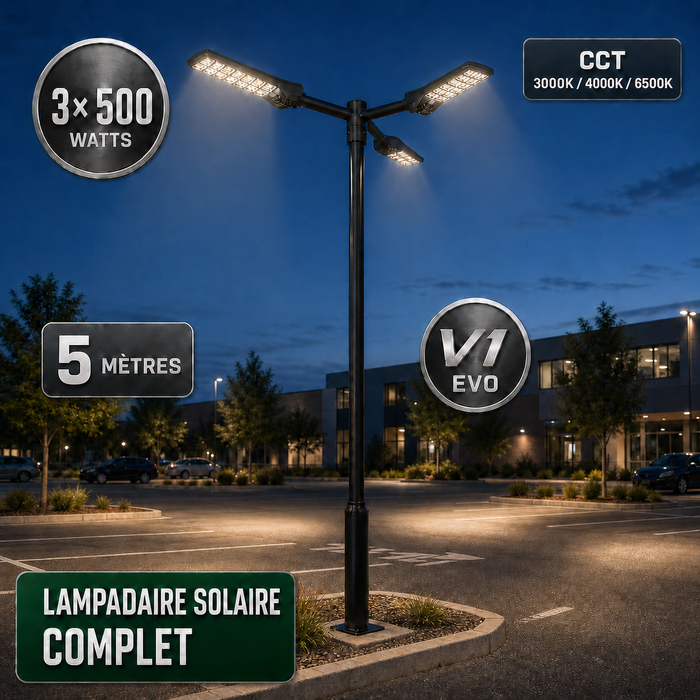 Pack lampadaire solaire complet triple tête 3/4/5/6 mètres au choix : 3x Lampadaires solaires - Série POWER ULTRA V2 CCT + Mât STANDARD V1 EVO + Adaptateur triple tête de mât + 3x Adaptateurs ajustables 80/50mm