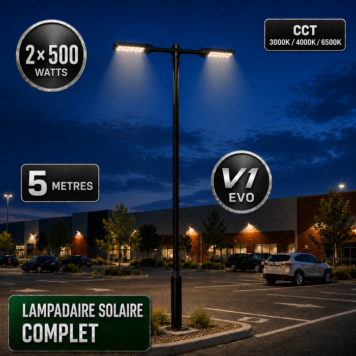 Pack lampadaire solaire complet double tête 3/4/5/6 mètres au choix : 2x Lampadaires solaires - Série POWER ULTRA V2 CCT + Mât STANDARD V1 EVO + Adaptateur double tête de mât + 2x Adaptateurs ajustables 80/50mm