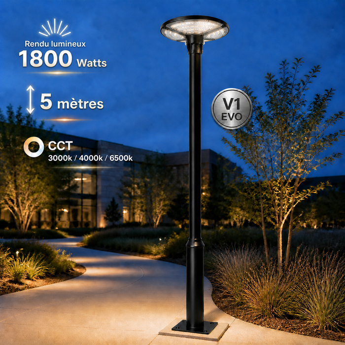 Pack lampadaire solaire complet 3/4/5/6 mètres au choix : Lampe solaire Série OVNI FUTUR V3 + Mât V1 EVO NOIR- Entraxe des trous 200mm