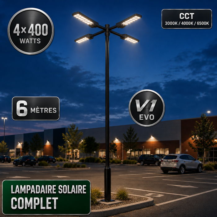 Pack lampadaire solaire complet quadruple tête 3/4/5/6 mètres au choix : 4x Lampadaires solaires - Série POWER ULTRA V2 CCT + Mât STANDARD V1 EVO + Adaptateur quadruple tête de mât + 4x Adaptateurs ajustables 80/50mm