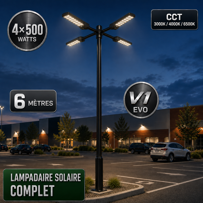 Pack lampadaire solaire complet quadruple tête 3/4/5/6 mètres au choix : 4x Lampadaires solaires - Série POWER ULTRA V2 CCT + Mât STANDARD V1 EVO + Adaptateur quadruple tête de mât + 4x Adaptateurs ajustables 80/50mm