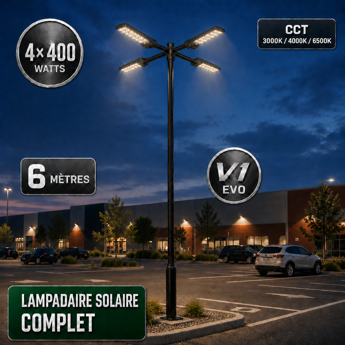 Pack lampadaire solaire complet quadruple tête 3/4/5/6 mètres au choix : 4x Lampadaires solaires - Série POWER ULTRA V2 CCT + Mât STANDARD V1 EVO + Adaptateur quadruple tête de mât + 4x Adaptateurs ajustables 80/50mm