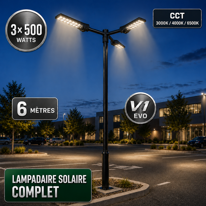 Pack lampadaire solaire complet triple tête 3/4/5/6 mètres au choix : 3x Lampadaires solaires - Série POWER ULTRA V2 CCT + Mât STANDARD V1 EVO + Adaptateur triple tête de mât + 3x Adaptateurs ajustables 80/50mm