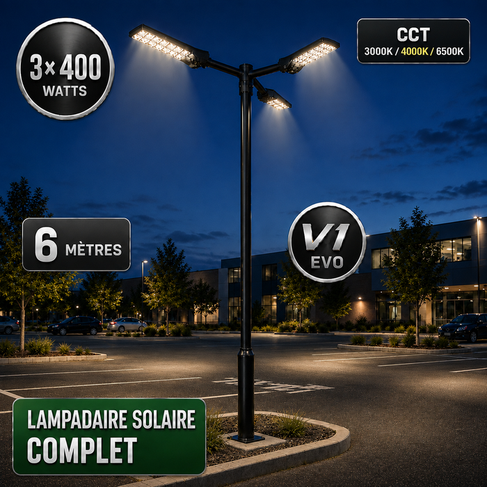 Pack lampadaire solaire complet triple tête 3/4/5/6 mètres au choix : 3x Lampadaires solaires - Série POWER ULTRA V2 CCT + Mât STANDARD V1 EVO + Adaptateur triple tête de mât + 3x Adaptateurs ajustables 80/50mm