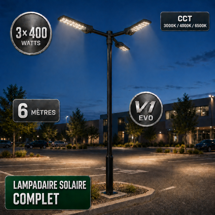 Pack lampadaire solaire complet triple tête 3/4/5/6 mètres au choix : 3x Lampadaires solaires - Série POWER ULTRA V2 CCT + Mât STANDARD V1 EVO + Adaptateur triple tête de mât + 3x Adaptateurs ajustables 80/50mm