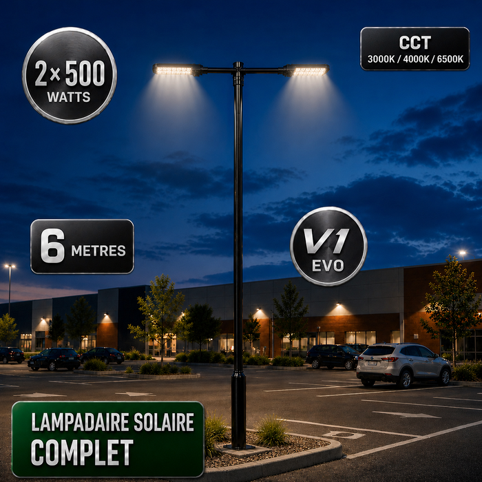 Pack lampadaire solaire complet double tête 3/4/5/6 mètres au choix : 2x Lampadaires solaires - Série POWER ULTRA V2 CCT + Mât STANDARD V1 EVO + Adaptateur double tête de mât + 2x Adaptateurs ajustables 80/50mm