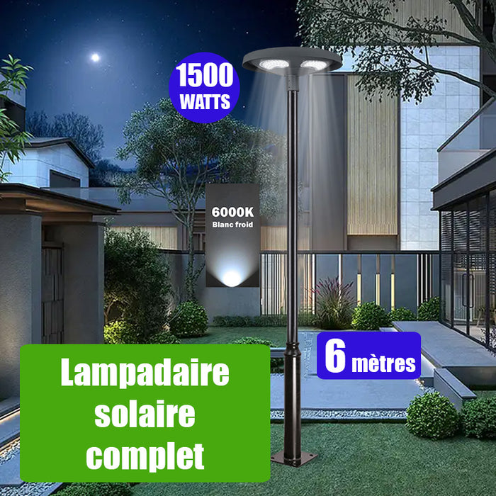 Pack lampadaire solaire complet 6 mètres : Lampe de rue et parking Solaire - Série OVNI FUTUR V2 - 1500 Watts - 3200 Lumens - 6000k + Mât STANDARD V1 EVO 6 mètres ou Mât STANDARD V4 EVO 6 mètres - Avec trappe