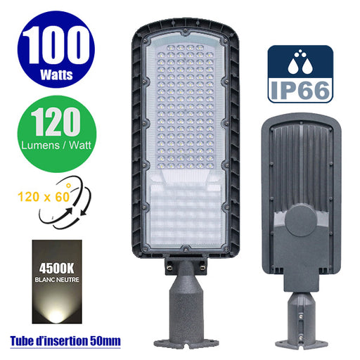 Lampe de rue filaire - Série FLEX ECO - 100 Watts - 12 000 Lumens - 120 Lumens/Watt - Angle 120 x 60° - IP66 - IK08 - 573 x 190 x 70mm - Tube d'insertion 60mm - 4500k