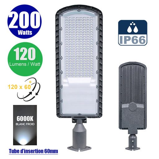 Lampe de rue filaire - Série FLEX ECO - 200 Watts - 24 000 Lumens - 120 Lumens/Watt - Angle 120 x 60° - IP66 - IK08 - 715 x 230 x 80mm - Tube d'insertion 60mm - 6000k