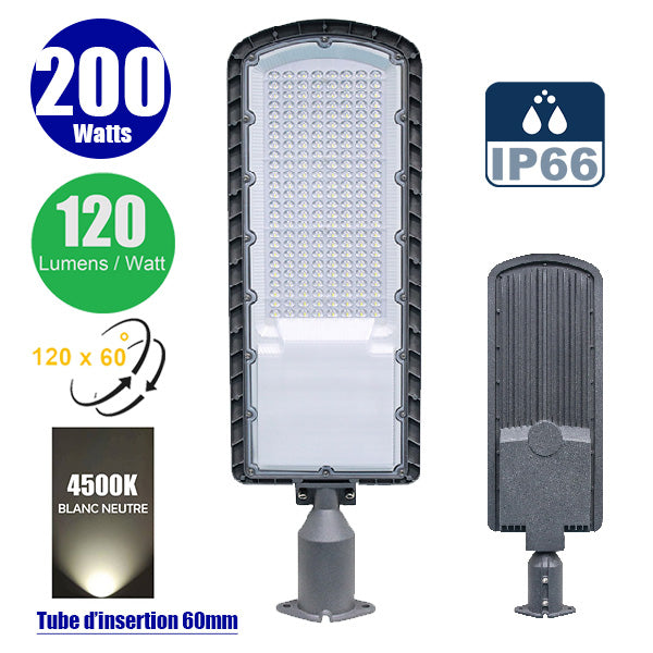 Lampe de rue filaire - Série FLEX ECO - 200 Watts - 24 000 Lumens - 120 Lumens/Watt - Angle 120 x 60° - IP66 - IK08 - 715 x 230 x 80mm - Tube d'insertion 60mm - 4500k