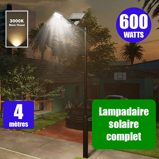 Pack lampadaire complet 4 mètres : Lampe de rue solaire Série INTERSTELLAR ULTRA - 600 Watts - 3600 Lumens - 3000K + Mât STANDARD 4 mètres